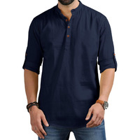 Royalscout Men's Cotton Polyester Blend Solid Regular Fit Full Sleeve Short Kurta Navy