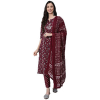 Anubhutee Women Maroon Ethnic Motifs Thread Work Pure Cotton Kurta With Trousers With Dupatta