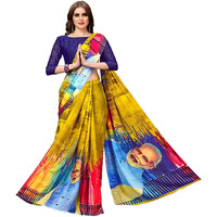 Glory Sarees Women's Plain Silk Blend (Modi_Saree_Mustard Yellow And Blue)