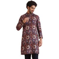 Kisah Men Berry Ethnic Motifs Printed Mandarin Collar Straight Kurta Full Sleaves, Knee Length, Straight, Regular Fit, Mandarin Collar Ethnic Wear