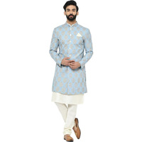 Kurta Sherwani Set For Men  Cotton Blend Printed Indo Western Kurta With Churidar | Designer Ethnic Outfit For Weddings & Festivals, Blue, 42