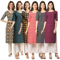 Pinkmint Women's Crepe Digital Print Straight Kurta [Pack Of 6](Kv-383-384-387-346-377-355-L)