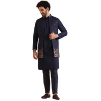 Kisah Mens Kurta Jacket Trouser Set|Cotton Blend Fabric Embroidered Pattern Mens Ethnic Wear|Mandarin Collar Long Sleeves, Navy Blue, 44