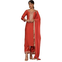 Varanga Women Silk Red Zari Embroidered Kurta With Bottom And Dupatta