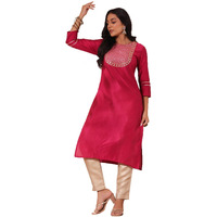 Anubhutee Women's Fuchsia Yoke Design Zari Work Silk Blend Straight Kurta