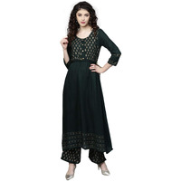 Ishin Women's Rayon Green Printed Anarkali Kurta Set With Palazzo