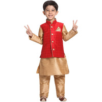 Vastramay Boys' Maroon Cotton Silk Blend Boys Nehru Modi Jacket Kurta & Pyjama Set - (Vasnbj009Manbkrg001Nprg) For 9-10 Years