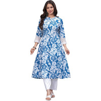 Rytras Women's Pure Cotton Printed A-Line Kurta Set With Palazzo Pants - Ethnic Wear, Blue(Ryt619-New,L)