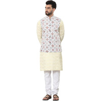 Sojanya (Since 1958 Men's Cotton Foil Printed Yellow Kurta And White Pyjama With Printed Cream Nehru Jacket