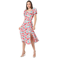 Campus Sutra Women White & Pink Floral Printed Knee Length Casual Dress(Ssmr22_Csw-Aw-Dr4085_S)