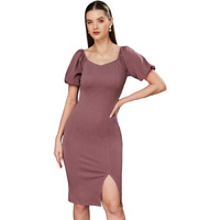Miss Chase Women's Solid Bodycon V-Neck Half Sleeve Slim Fit Knee Long Dress (Mcss23D98-75-271-06, Mauve, Xl)