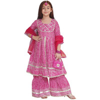 Preneum Girls's Cotton Rayon Bandhani & Lahariya Printed Angrakha Kurta With Sharara & Dupatta, Pink, 11-12 Years