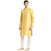 Sojanya (Since 1958 Men's Jacquard Silk Yellow & Self Design Kurta & Off White Churidar Pyjama Set