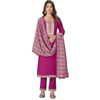 Stylum Women's Rose Solid & Embroidered Silk Straight Kurta Pant Dupatta Set