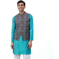 Fabindia Men's Silk Blend Solid Regular Ethnic Clothing Sets (20026274_Teal_Xs)