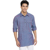 Fabindia Men Cotton Slim Fit Short Kurta Blue_L