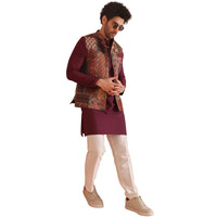 Kisah Men's Kurta Jacket Trouser Set, Multi Silk Blend, Printed Regular Fit Mandarin Collar Long Sleeves, 38