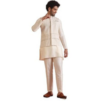 Kisah Men's Kurta Jacket Trouser Set, Beige Cotton Blend, Printed Regular Fit Mandarin Collar Long Sleeves, 44