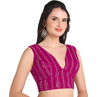 Pujia Mills Women's Indian Ethnic Wear Sabyasachi Sequence With Dhaga Embroidered Zari Work Sweetheart Neck Blouse Sleeveless Readymade Padded Saree Back Open String Pattern Blouse
