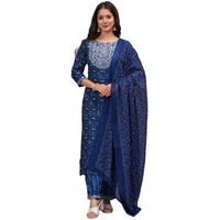 Rytras Women's Embroidered Straight Kurta Set With Palazzo Pants & Dupatta- Ethnic Wear, Blue(Ryt607-New,S)