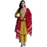 Sanisa Women's Cotton Blend Embroidery And Sequins Work Straight Kurta With Pant And Dupatta Set (229Kbd2423N-M_Mustard Yellow)