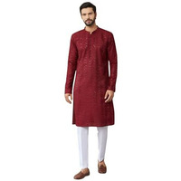 See Designs Men's Long Sleeve Side Slit Dark Maroon Embroidered Thread Work Sequinned Chanderi Silk Straight Mandarin Collar Kurta - Sddkt2514L