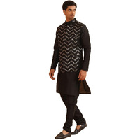 Sojanya (Since 1958 Men's Silk Blend Black Kurta Pyjama With Black Zigzag Nehru Jacket