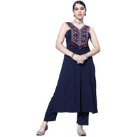 Varanga Women Navy Blue V-Neck With Contrast Embroidered Yoke Sleeveless Straight Kurta With Mutliple Detail Paired With Tonal Bottom