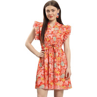 Addyvero Floral Print Ruffle Sleeve Ruffle Neck With Waist Knot & Tie Fit& Flare Dress (Orange, Xl)