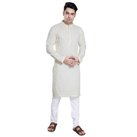 Divisive Men's Sequince Embroidered Cotton Blend Slim Fit Kurta Pyjama Set (Dkrt148_L_Cream)