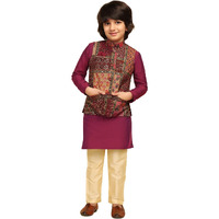 Kisah Boys Kurta Jacket Set Silk Blend Printed Regular Fit Kurta Nehru Jacket Pajama Set For Kids, Multi, 9-10 Years