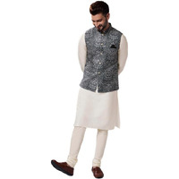 Kisah Men's Kurta Jacket Churidar Set, Black Cotton Blend, Floral Regular Fit Long Sleeves Mandarin Collar (Xl)