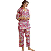 Nainvish Women's Pink Printed Straight Rayon Blend V-Neck Co-Ord Set (Sd727_Kb-M_Pink)