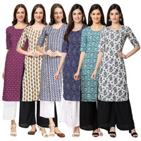 Pinkmint Women's Crepe Digital Print Straight Kurta [Pack Of 6] Multicolour