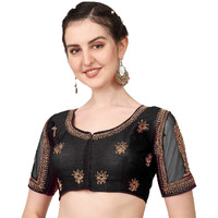 Pujia Mills Women's Multicolor Temple Embroidery Net Back Sequence Khatli Work Sleeves Design Phantom Silk Readymade Saree Blouse (Temple Blouse_Black_38 Size+Margin)