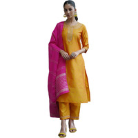 Sanisa Women's Silk Blend Embroidery And Jaquard Work Straight Kurta With Pant And Dupatta Set (164Kbd1763N-Xxl_Yellow2)