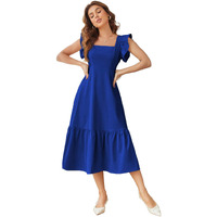 Shasmi Girl's & Women's Solid Royal Blue Color Square Neck, Ruffle-Trimmed Hem Sleeveless, Ruffle Armhole And Casual Dress With Cinched Waist Vacation Outfits Woman (Dress 162 R Blue-S)