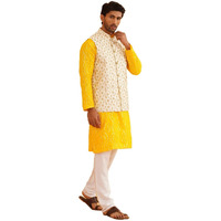 Sojanya (Since 1958 Men's Pure Cotton Mustard Kurta And White Pyjama With Cream Embroidery Nehru Jacket