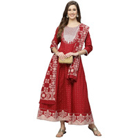 Stylum Women's Printed & Embroidered Cotton Anarkali Kurta With Dupatta (Kdtitanmaroon36_Maroon, S)