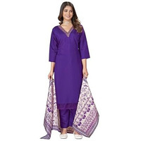 Stylum Women's Red Solid & Embroidered Silk Straight Kurta Pant Dupatta Set (In, Alpha, S, Regular, Violet)