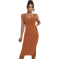 Sugathari Solid Women Rust Orange, Square Neck Ribbed Knit Sleeveless Bodycon Dress (Midi 104 Rust S)