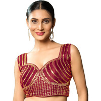 Pujia Mills Women's Readymade Sleeveless Sweetheart Neck Back Hook Open Saree Fancy Blouse (Maroon, 36)