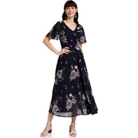 Rare London Women Synthetic A-Line Calf Length Dress (Ep3153-S_Blue_S)