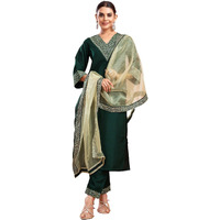 Sanisa Women's Silk Sequence And Embroidery Work Lace Straight Kurta With Pant And Dupatta Set (104Kbd1136Nb-L_Dark Green)