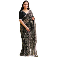 Satrani Women's Georgette Printed & Mirror Work Saree With Unstitched Blouse Piece (3284S267N_Black & Cream)