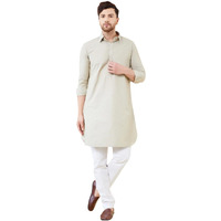 See Designs Men Cream Cotton Solid Spread Collar Curved Hem Side Slit Full Sleeve Pathani Kurta With Pyjama - Bnrskt63001Xs