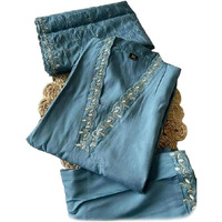Xomantic Fashion Womens's Pink Color Cotton Embroidered Readymade Kurta Pant Set With Dupatta (Large, Blue)