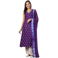 Stylum Women's Floral Printed & Embroidered Rayon A-Line Kurta Dupatta Set (Kdvoilrasna44_Violet, Xxl)