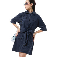 Bewakoof Women's Solid Oversized Fit Half Sleeve Collared Neck Cotton Blend Dress_628202_Blue_L