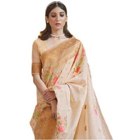 Flosive Women's Creamy Off-White And Zari Border Silk Saree With Blouse